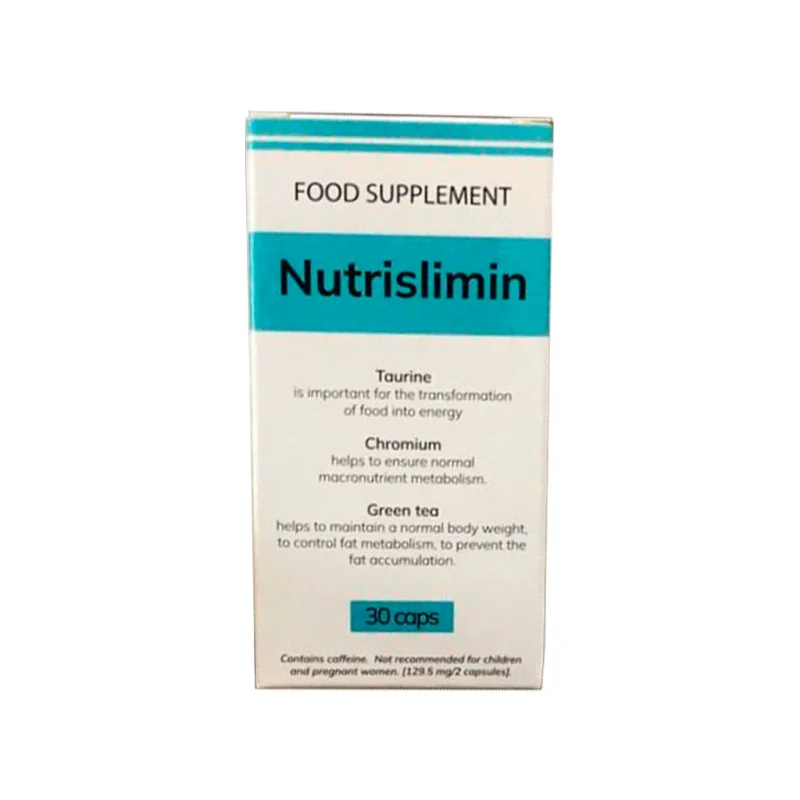 Nutrislimin dėžutė su užrašais „FOOD SUPPLEMENT“ ir „30 caps“